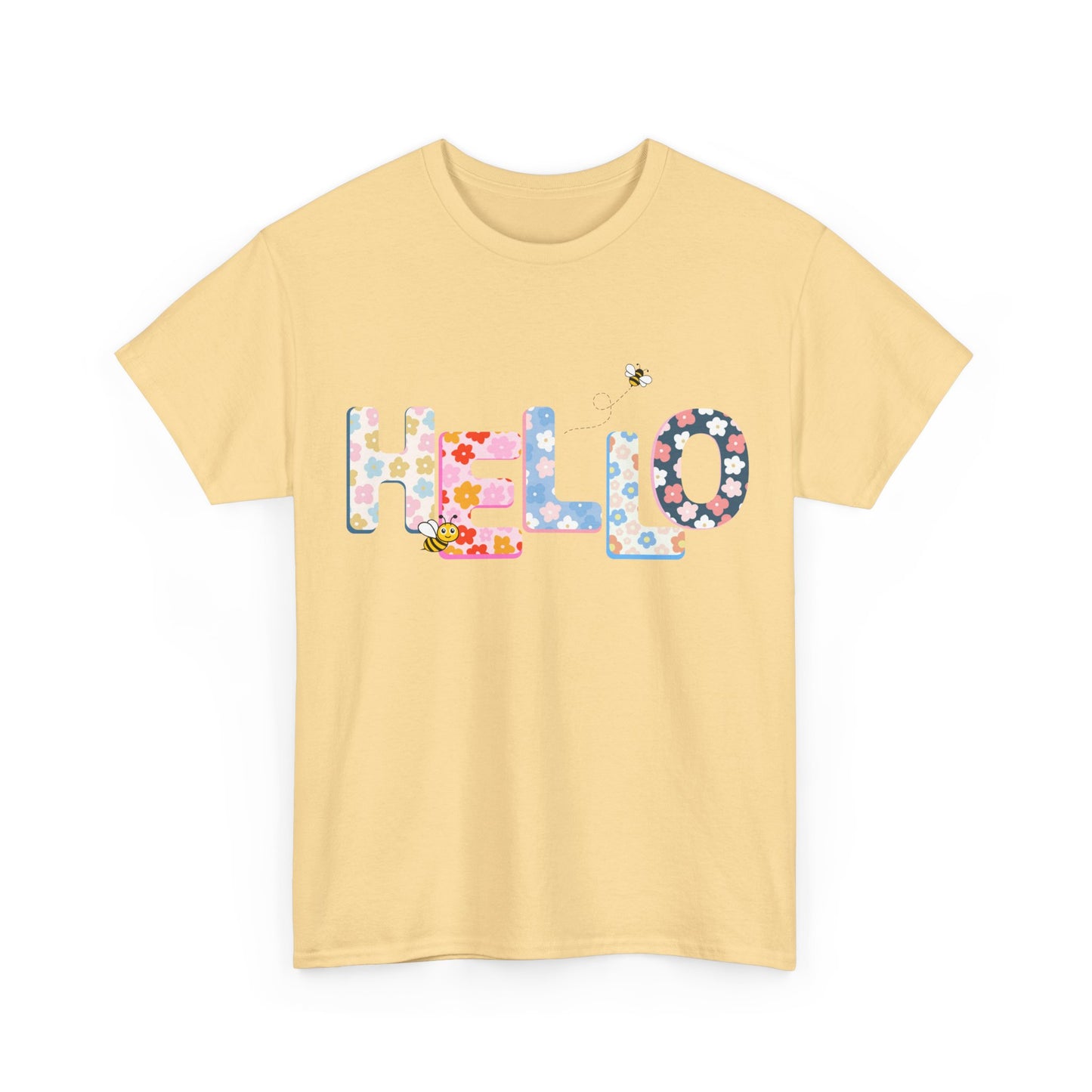 Colorful Floral Hello Unisex Heavy Cotton Tee - Casual Summer Shirt, Gift for Friends, Birthday Gift, Spring Style, Everyday Wear