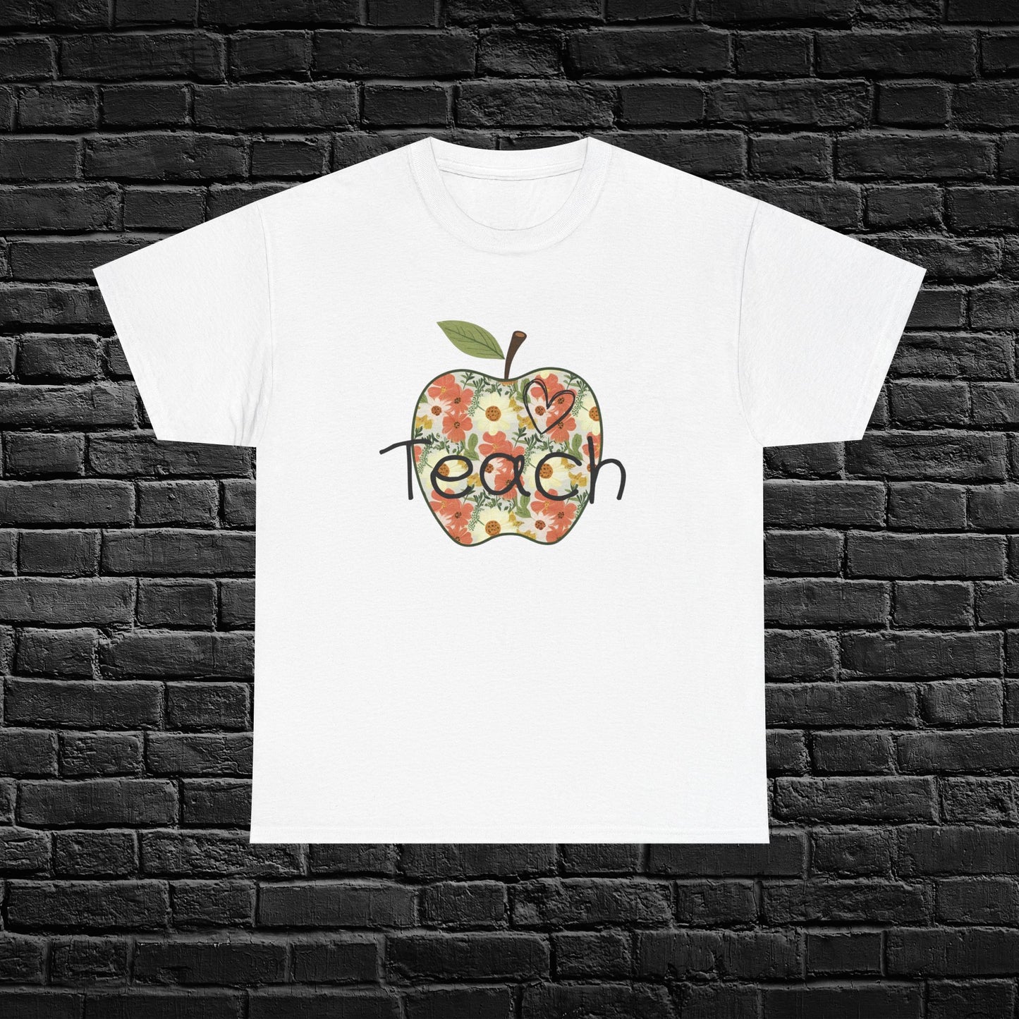 Floral Apple Teacher Tee - Heavy Cotton T-Shirt