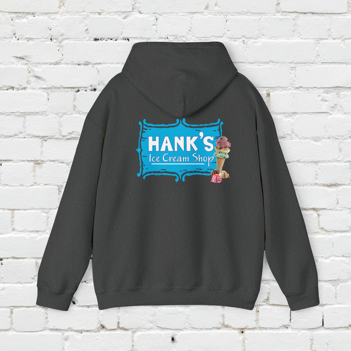 Hank's Hoodie logo with cone and scoops. Adult Heavy Blend™ Hooded Sweatshirt