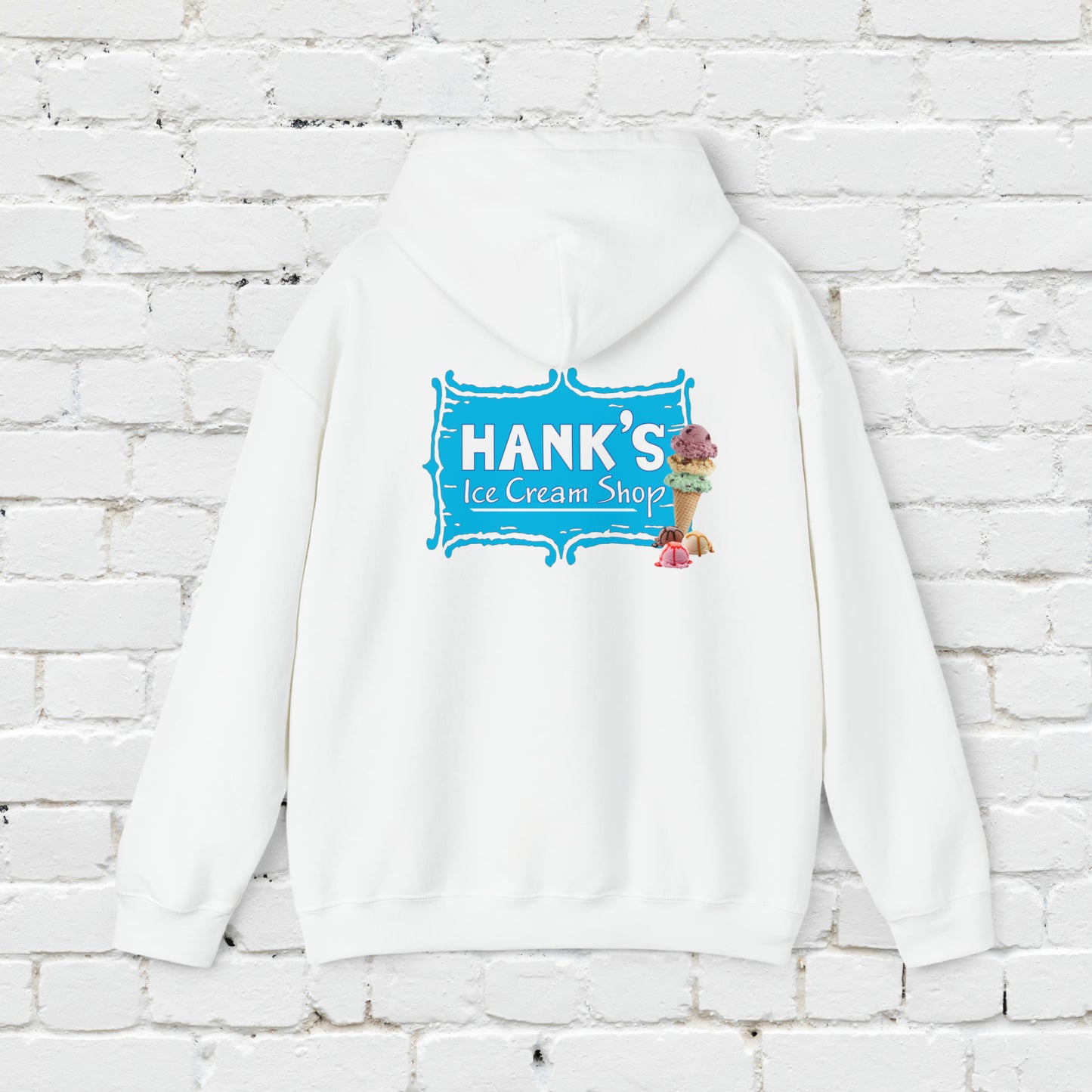 Hank's Hoodie logo with cone and scoops. Adult Heavy Blend™ Hooded Sweatshirt