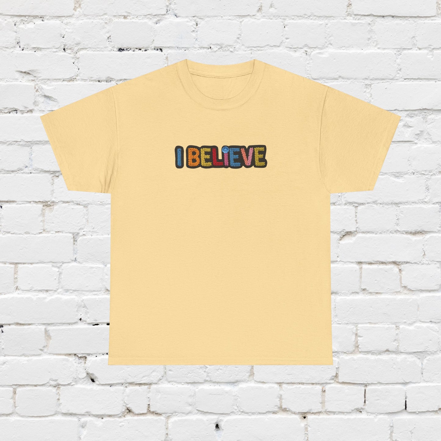I Believe T‑Shirt — Retro Rainbow Text Graphic Tee