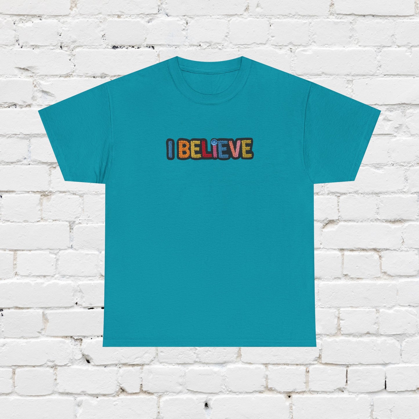 I Believe T‑Shirt — Retro Rainbow Text Graphic Tee