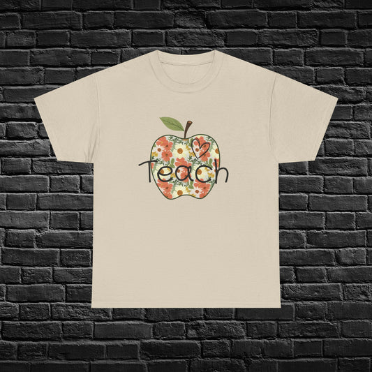 Floral Apple Teacher Tee - Heavy Cotton T-Shirt