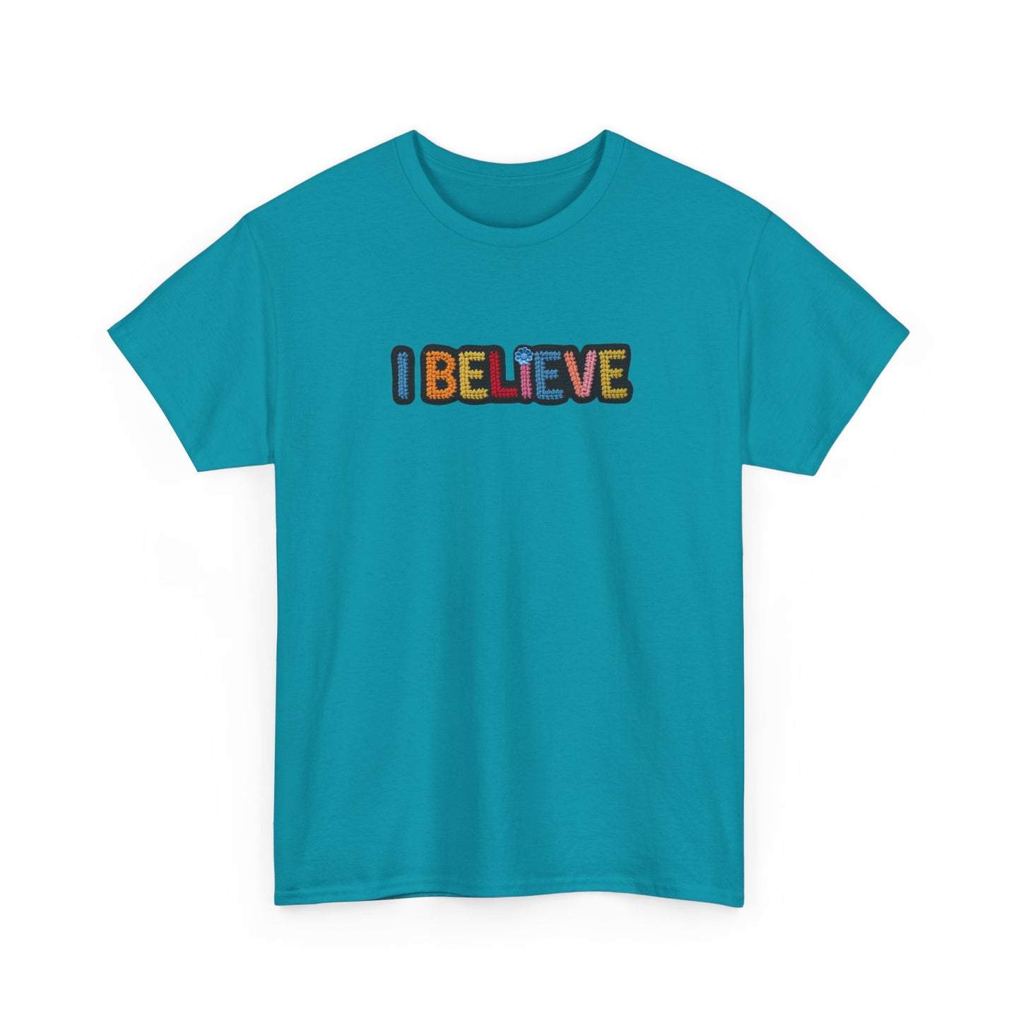 I Believe T‑Shirt — Retro Rainbow Text Graphic Tee