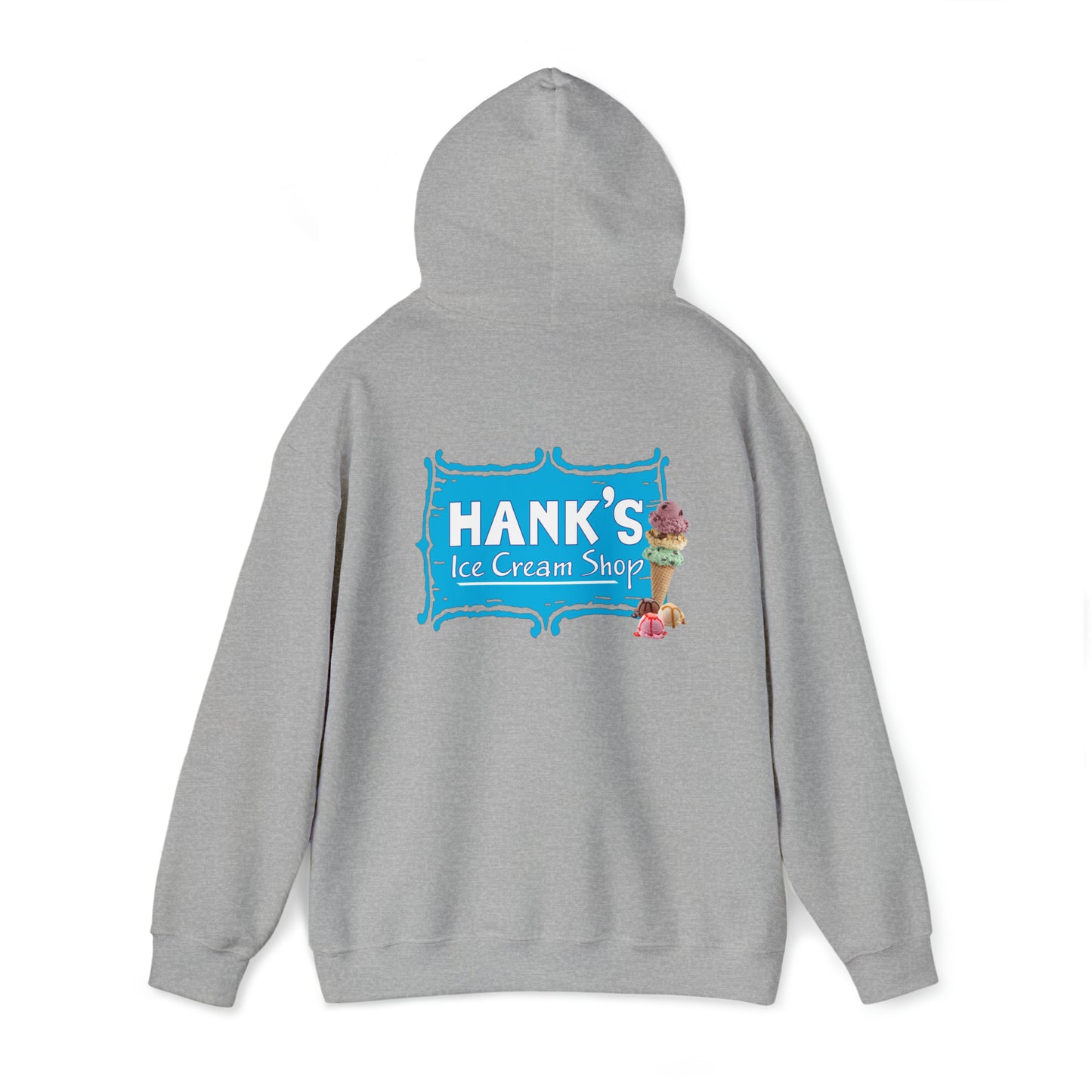 Hank's Hoodie logo with cone and scoops. Adult Heavy Blend™ Hooded Sweatshirt