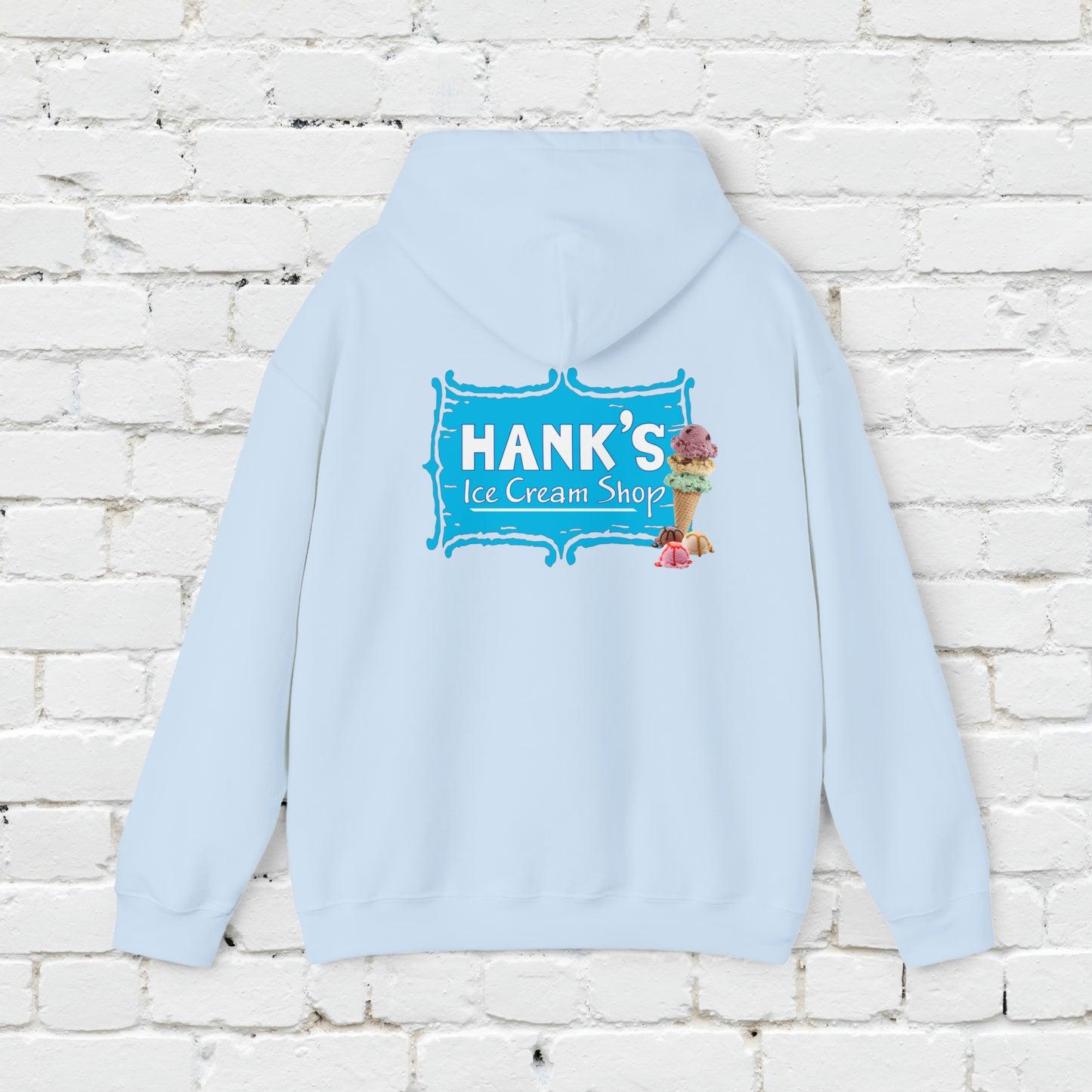 Hank's Hoodie logo with cone and scoops. Adult Heavy Blend™ Hooded Sweatshirt