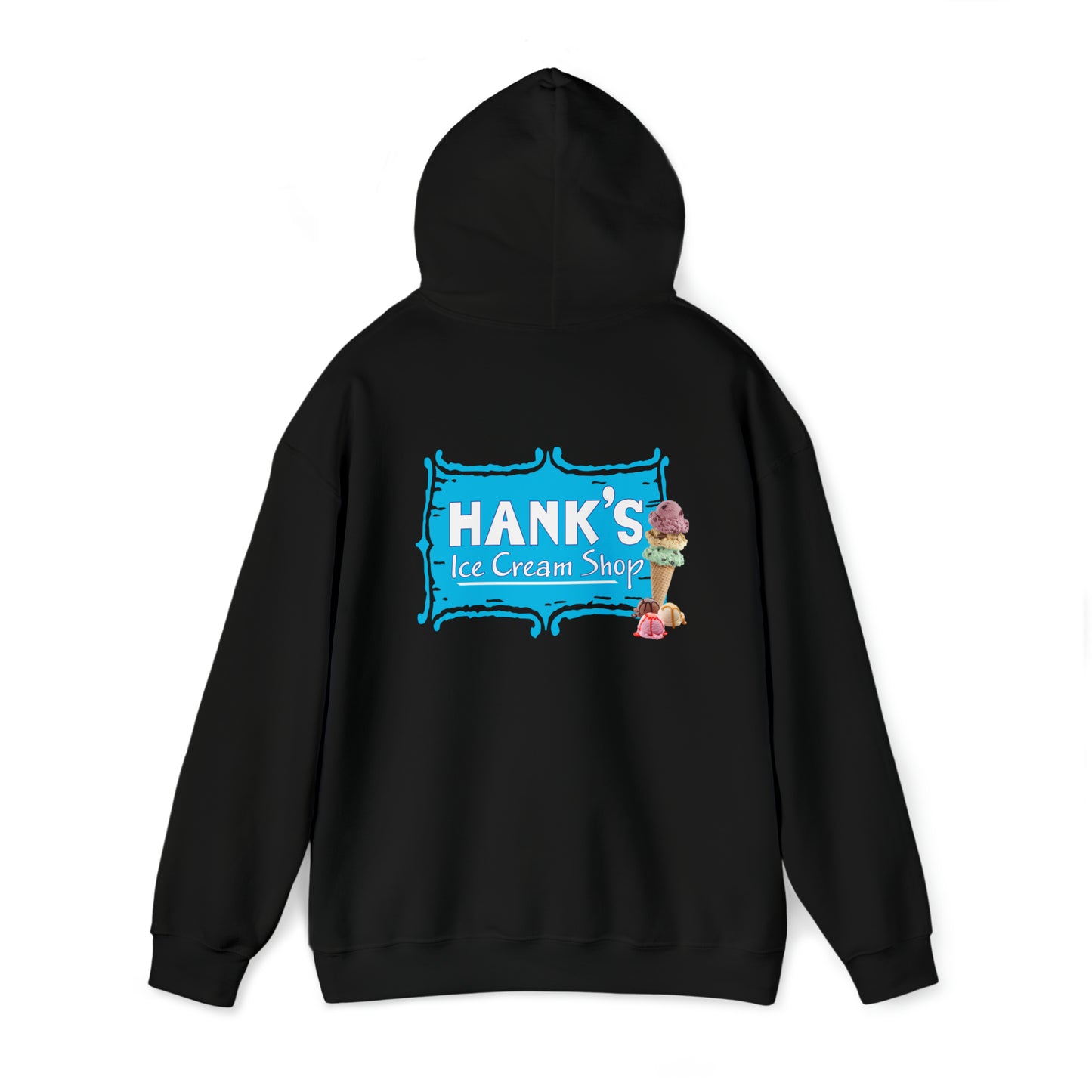 Hank's Hoodie logo with cone and scoops. Adult Heavy Blend™ Hooded Sweatshirt