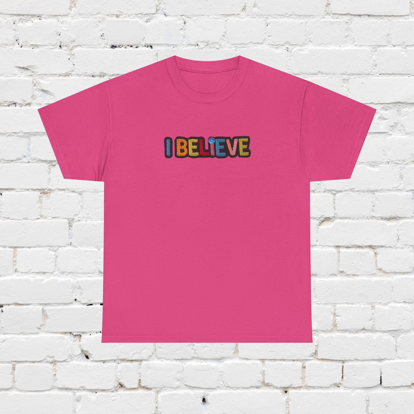 I Believe T‑Shirt — Retro Rainbow Text Graphic Tee