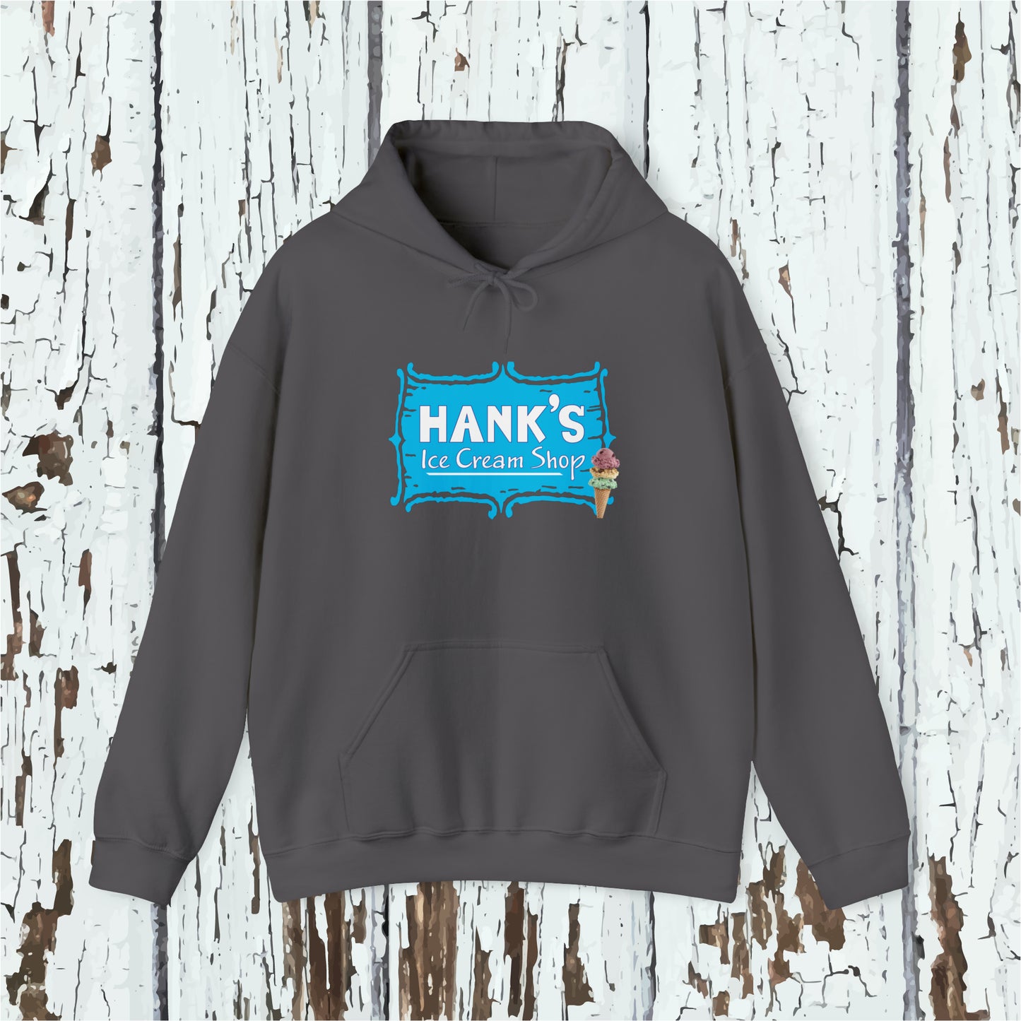 Hank's Hoodie logo with cone. Adult Heavy Blend™ Hooded Sweatshirt