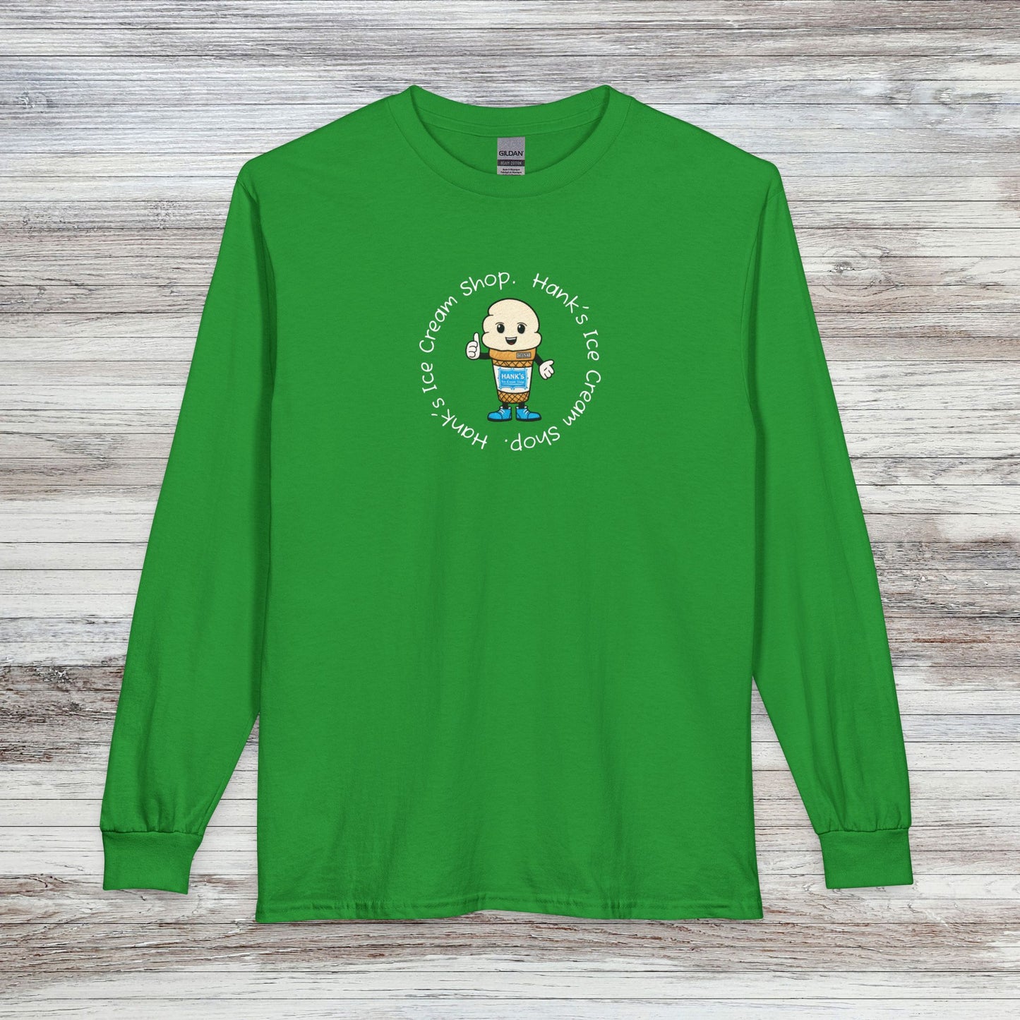 Hank's Ice Cream Shop Cartoon Long Sleeve Tee — 'Hank's Ice Cream Shop' Cute Retro Design. Logo