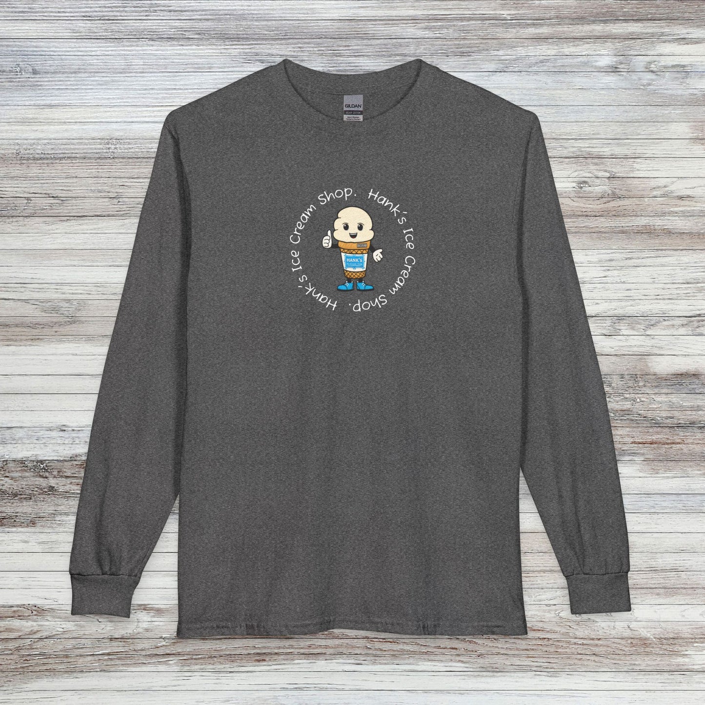 Hank's Ice Cream Shop Cartoon Long Sleeve Tee — 'Hank's Ice Cream Shop' Cute Retro Design. Logo