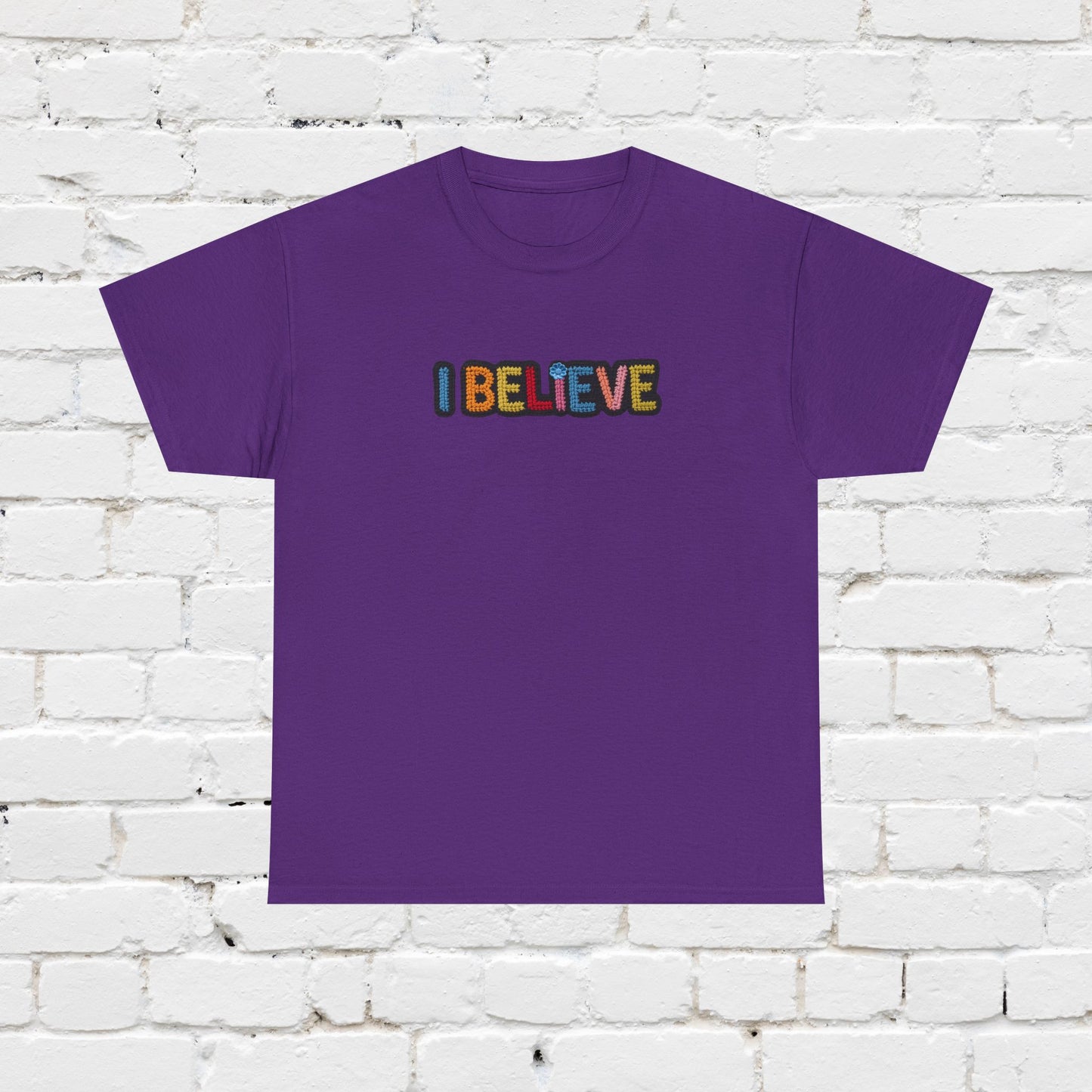 I Believe T‑Shirt — Retro Rainbow Text Graphic Tee