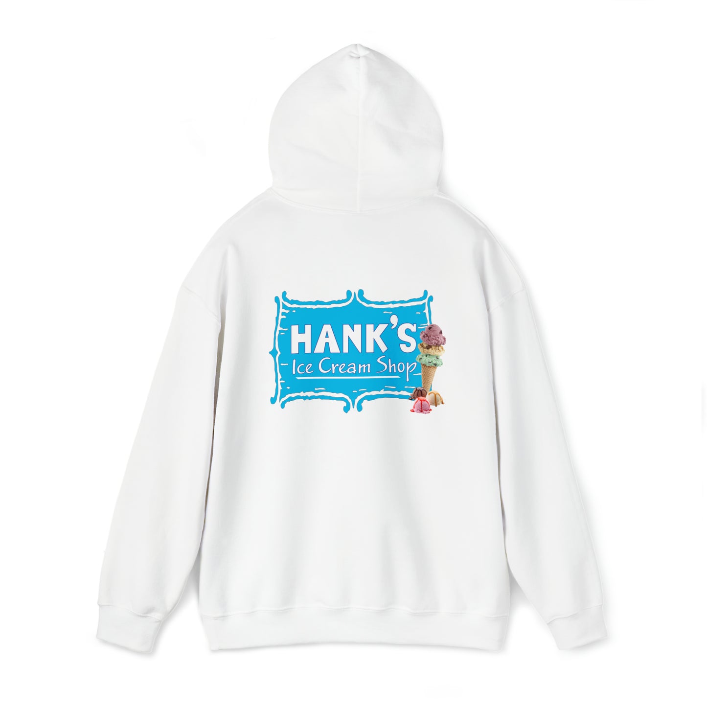 Hank's Hoodie logo with cone and scoops. Adult Heavy Blend™ Hooded Sweatshirt