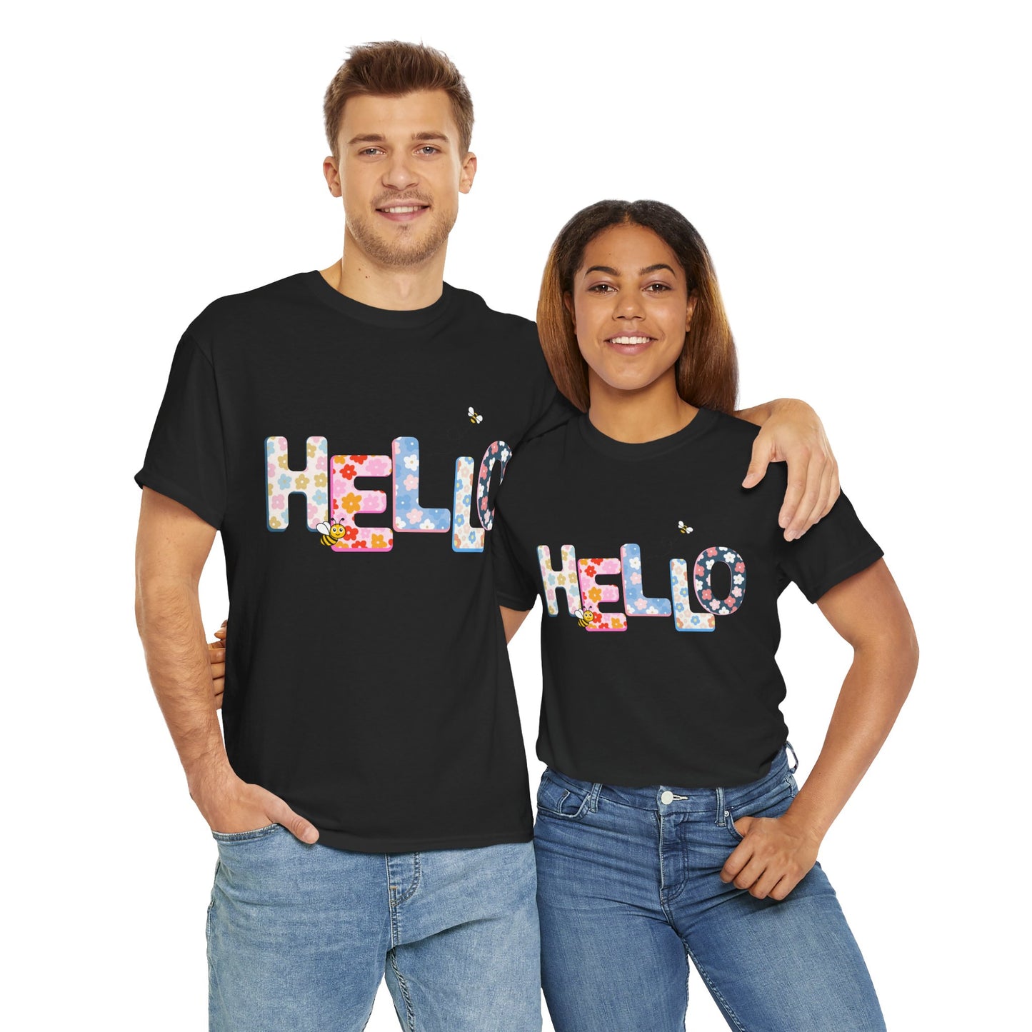 Colorful Floral Hello Unisex Heavy Cotton Tee - Casual Summer Shirt, Gift for Friends, Birthday Gift, Spring Style, Everyday Wear