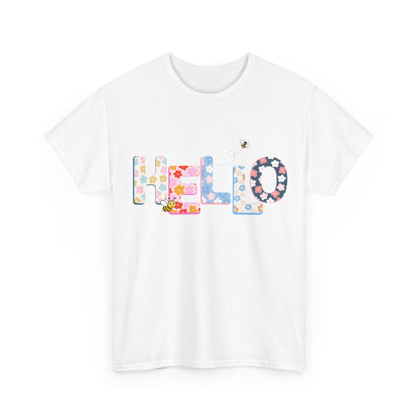 Colorful Floral Hello Unisex Heavy Cotton Tee - Casual Summer Shirt, Gift for Friends, Birthday Gift, Spring Style, Everyday Wear