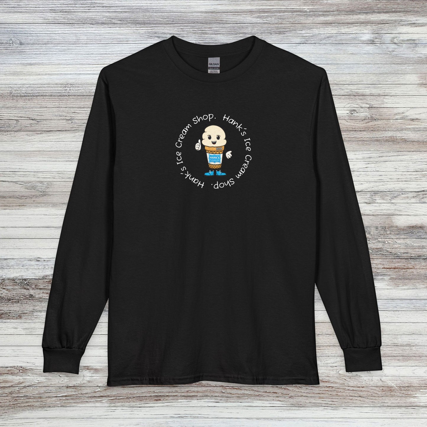 Hank's Ice Cream Shop Cartoon Long Sleeve Tee — 'Hank's Ice Cream Shop' Cute Retro Design. Logo