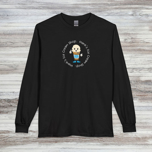 Hank's Ice Cream Shop Cartoon Long Sleeve Tee — 'Hank's Ice Cream Shop' Cute Retro Design. Logo