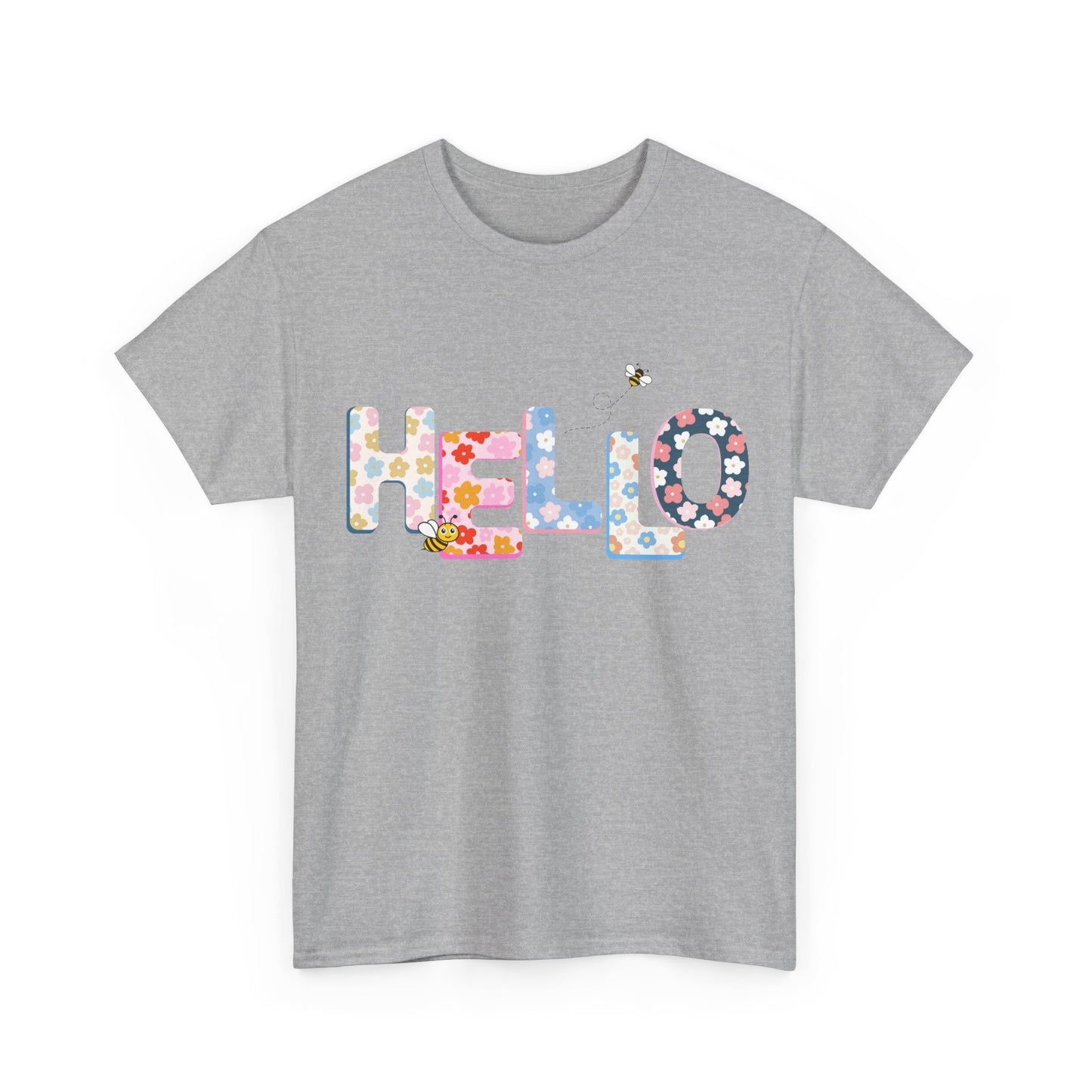 Colorful Floral Hello Unisex Heavy Cotton Tee - Casual Summer Shirt, Gift for Friends, Birthday Gift, Spring Style, Everyday Wear