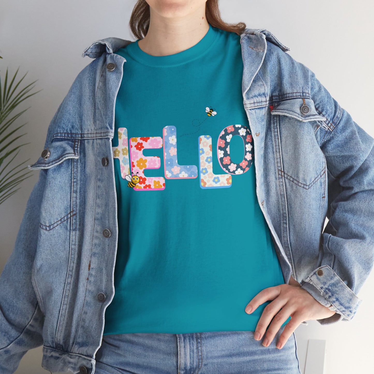 Colorful Floral Hello Unisex Heavy Cotton Tee - Casual Summer Shirt, Gift for Friends, Birthday Gift, Spring Style, Everyday Wear