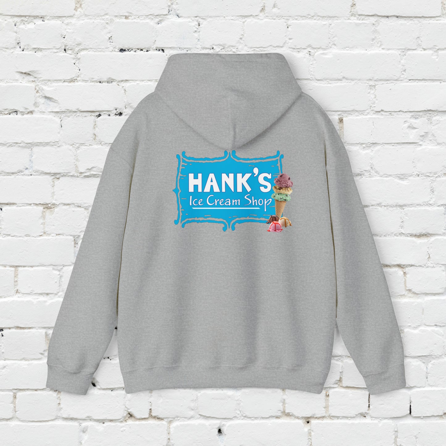 Hank's Hoodie logo with cone and scoops. Adult Heavy Blend™ Hooded Sweatshirt