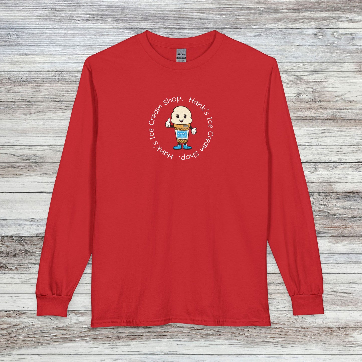Hank's Ice Cream Shop Cartoon Long Sleeve Tee — 'Hank's Ice Cream Shop' Cute Retro Design. Logo